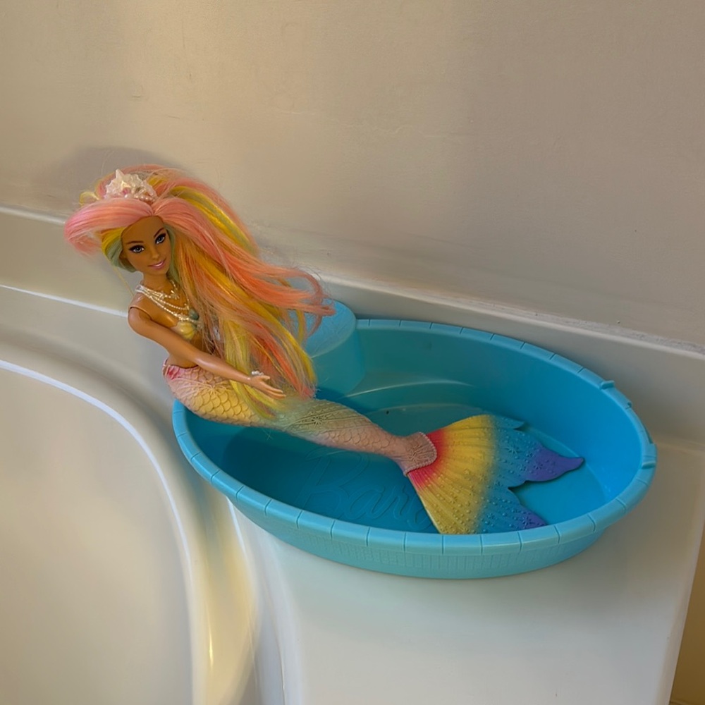 Mermaid Doll with Rainbow Tail in Blue Bath